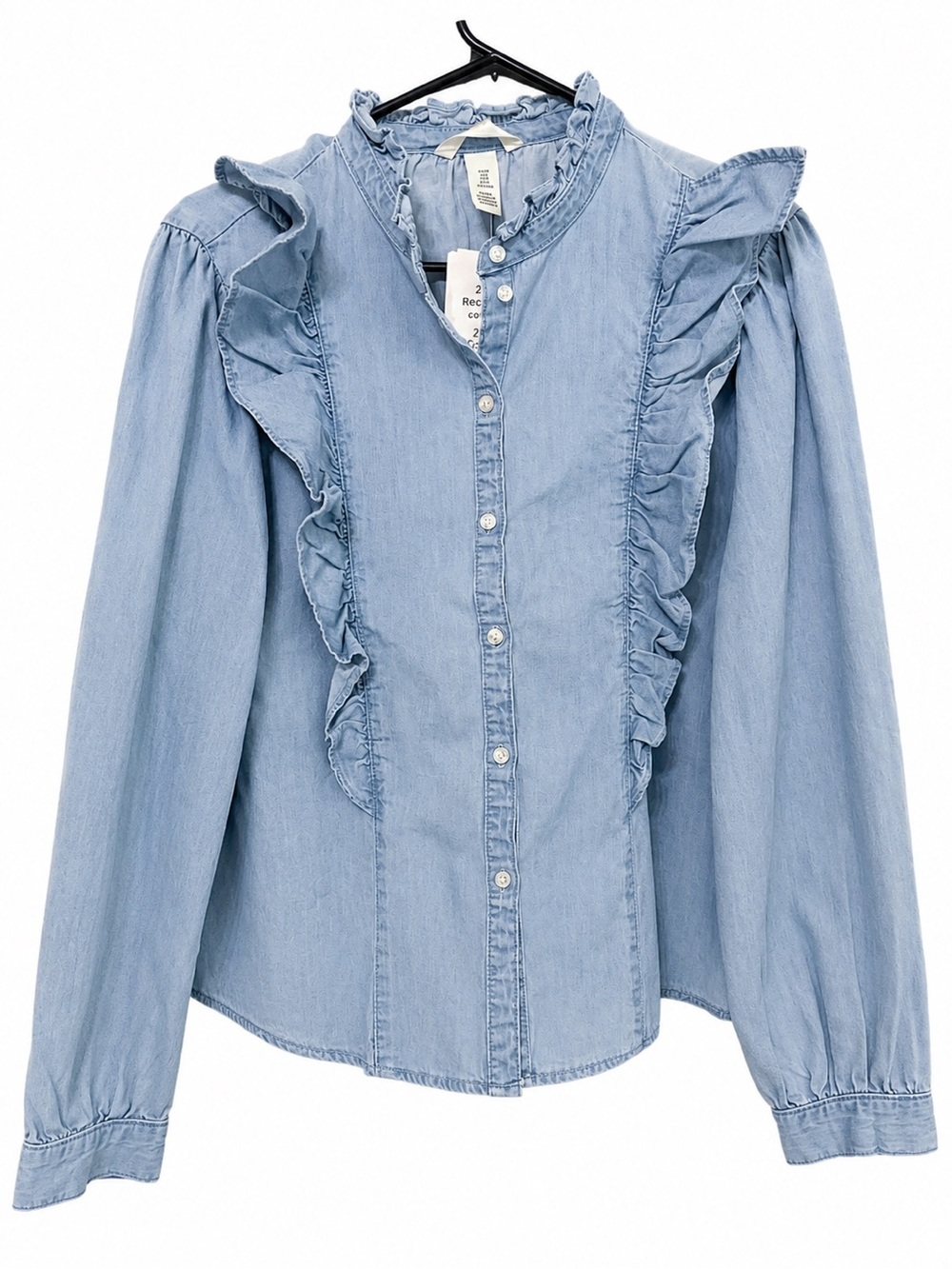 H&M Chambray Ruffle Button Front Blouse Size M